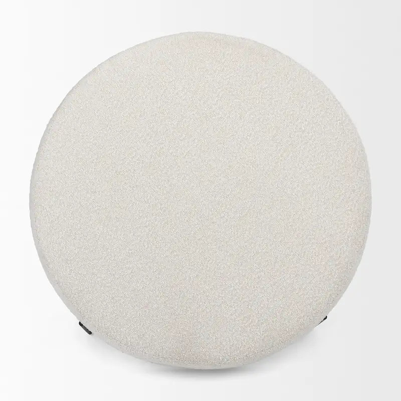 Amelia Cream Boucle Fabric with Black Metal Frame Round Ottoman