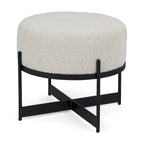 Amelia Cream Boucle Fabric with Black Metal Frame Round Ottoman