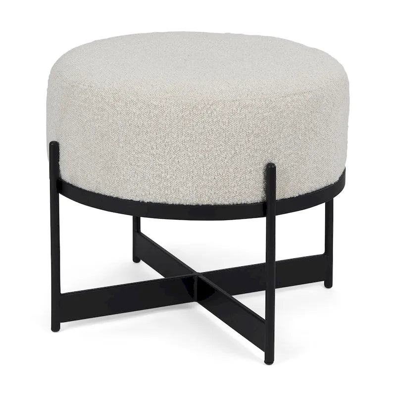 Amelia Cream Boucle Fabric with Black Metal Frame Round Ottoman