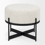 Amelia Cream Boucle Fabric with Black Metal Frame Round Ottoman