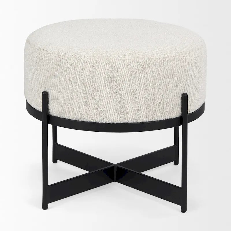 Amelia Cream Boucle Fabric with Black Metal Frame Round Ottoman