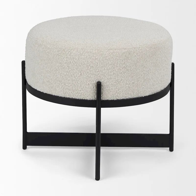 Amelia Cream Boucle Fabric with Black Metal Frame Round Ottoman
