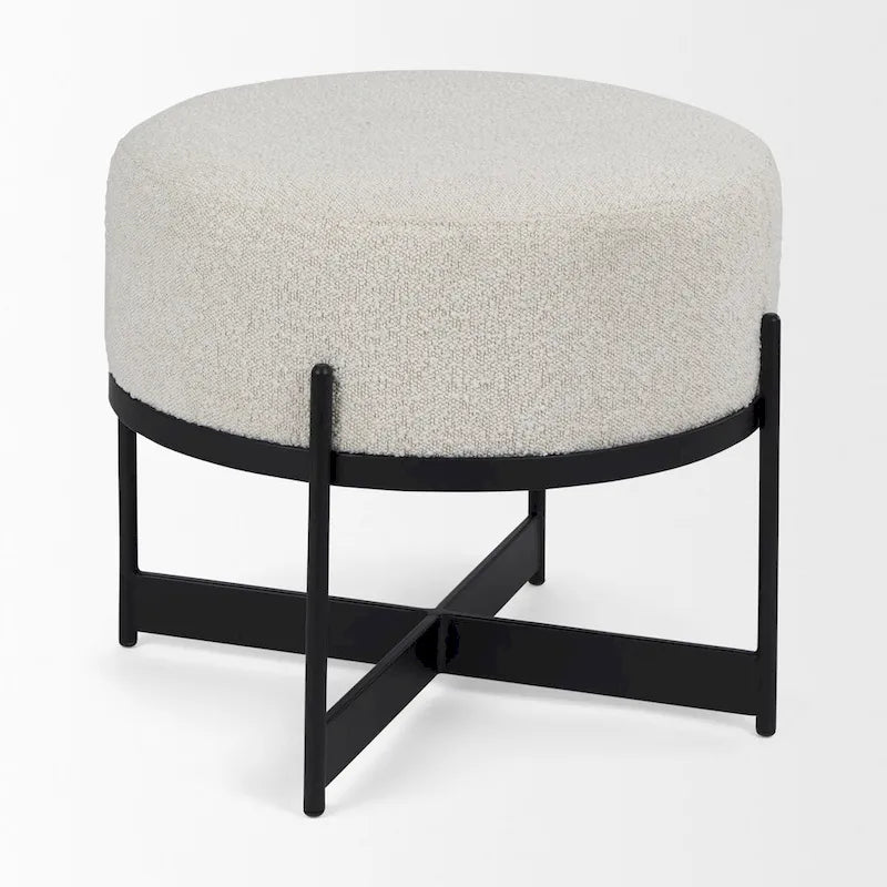 Amelia Cream Boucle Fabric with Black Metal Frame Round Ottoman
