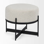 Amelia Cream Boucle Fabric with Black Metal Frame Round Ottoman