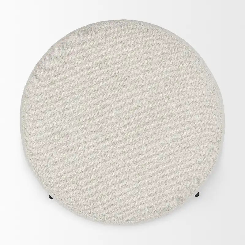 Amelia Cream Boucle Fabric with Black Metal Frame Round Ottoman
