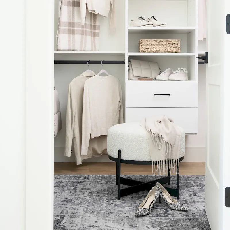 Amelia Cream Boucle Fabric with Black Metal Frame Round Ottoman