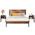 Javlergo 3-Piece Bedroom Sets Industrial metal Platform Bed Frame with Headboard and Set of 2 Nightstand, Rustic Brown