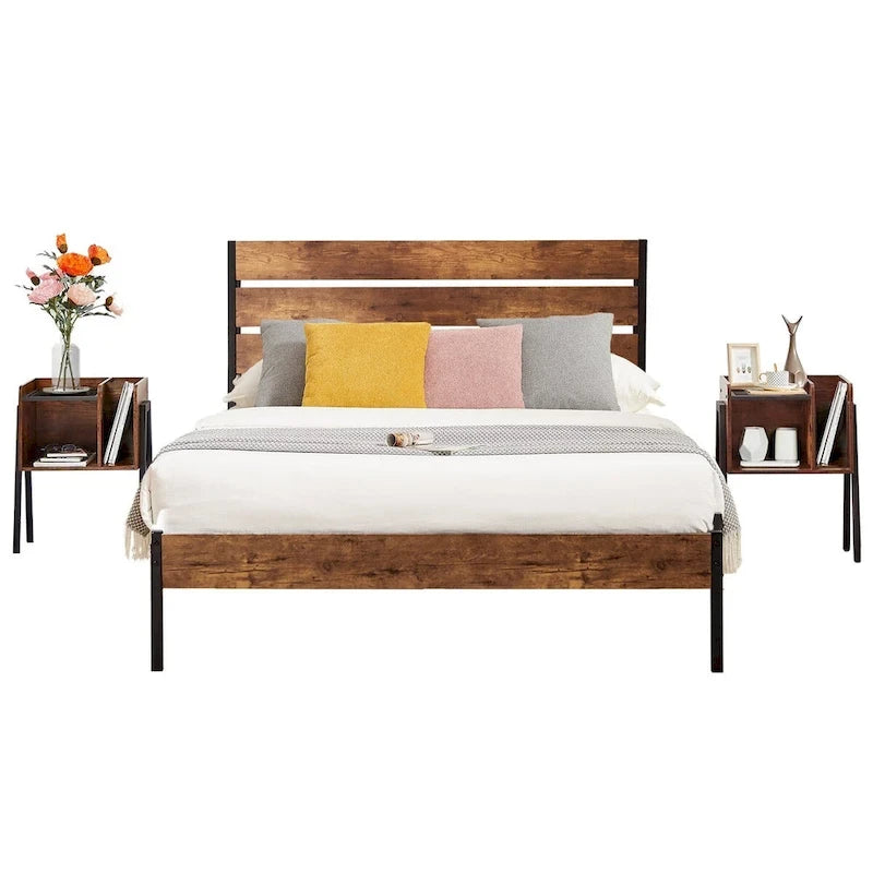 Javlergo 3-Piece Bedroom Sets Industrial metal Platform Bed Frame with Headboard and Set of 2 Nightstand, Rustic Brown