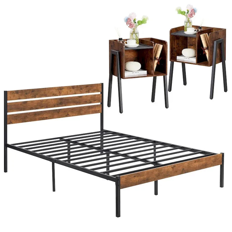 Javlergo 3-Piece Bedroom Sets Industrial metal Platform Bed Frame with Headboard and Set of 2 Nightstand, Rustic Brown