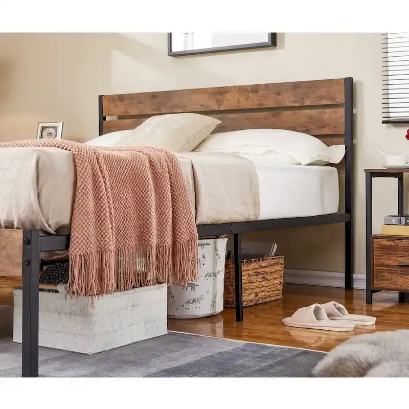 Javlergo 3-Piece Bedroom Sets Industrial metal Platform Bed Frame with Headboard and Set of 2 Nightstand, Rustic Brown