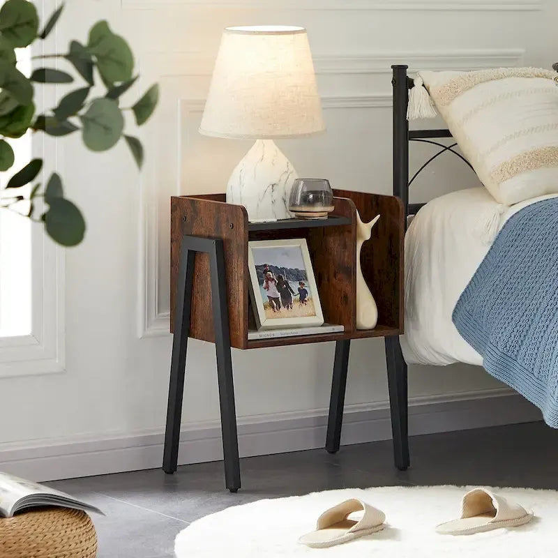 Javlergo 3-Piece Bedroom Sets Industrial metal Platform Bed Frame with Headboard and Set of 2 Nightstand, Rustic Brown