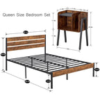 Javlergo 3-Piece Bedroom Sets Industrial metal Platform Bed Frame with Headboard and Set of 2 Nightstand, Rustic Brown