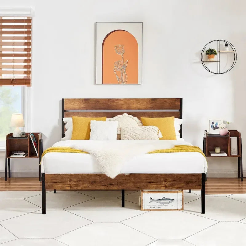 Javlergo 3-Piece Bedroom Sets Industrial metal Platform Bed Frame with Headboard and Set of 2 Nightstand, Rustic Brown