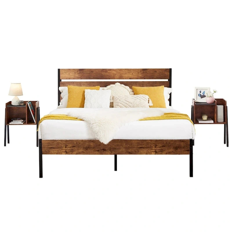 Javlergo 3-Piece Bedroom Sets Industrial metal Platform Bed Frame with Headboard and Set of 2 Nightstand, Rustic Brown