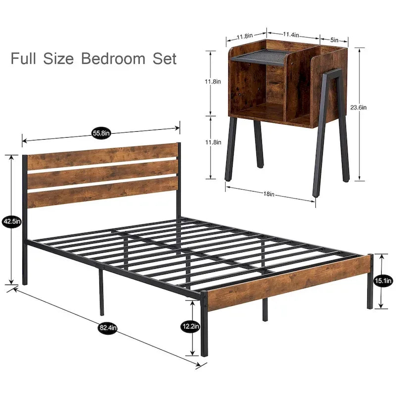 Javlergo 3-Piece Bedroom Sets Industrial metal Platform Bed Frame with Headboard and Set of 2 Nightstand, Rustic Brown