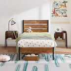 Javlergo 3-Piece Bedroom Sets Industrial metal Platform Bed Frame with Headboard and Set of 2 Nightstand, Rustic Brown