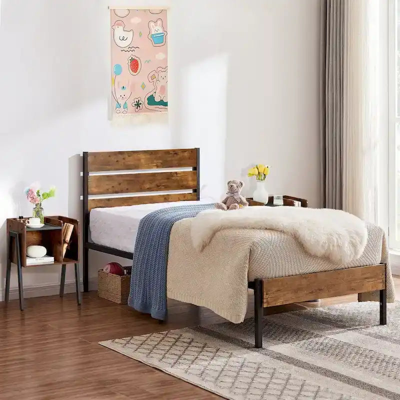 Javlergo 3-Piece Bedroom Sets Industrial metal Platform Bed Frame with Headboard and Set of 2 Nightstand, Rustic Brown