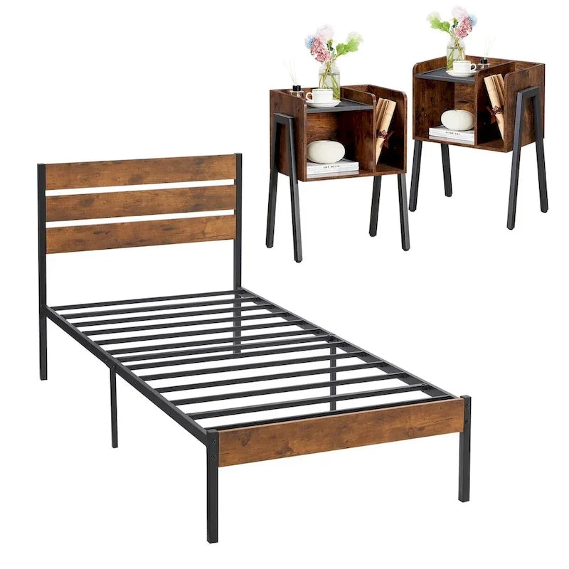 Javlergo 3-Piece Bedroom Sets Industrial metal Platform Bed Frame with Headboard and Set of 2 Nightstand, Rustic Brown