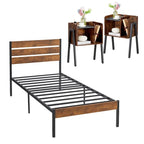 Javlergo 3-Piece Bedroom Sets Industrial metal Platform Bed Frame with Headboard and Set of 2 Nightstand, Rustic Brown