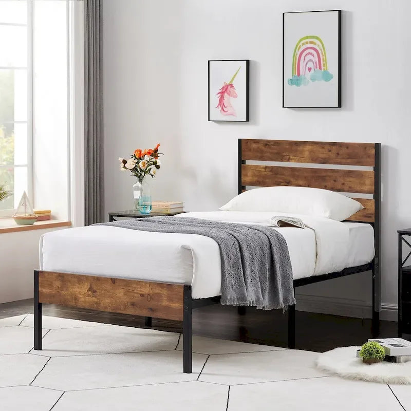 Javlergo 3-Piece Bedroom Sets Industrial metal Platform Bed Frame with Headboard and Set of 2 Nightstand, Rustic Brown