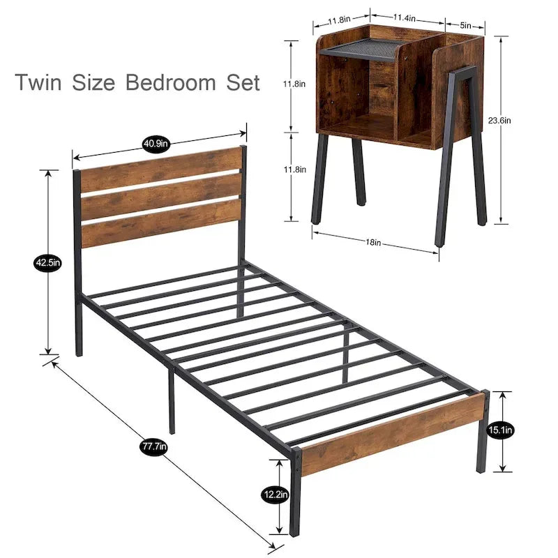 Javlergo 3-Piece Bedroom Sets Industrial metal Platform Bed Frame with Headboard and Set of 2 Nightstand, Rustic Brown