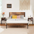 Javlergo 3-Piece Bedroom Sets Industrial metal Platform Bed Frame with Headboard and Set of 2 Nightstand, Rustic Brown