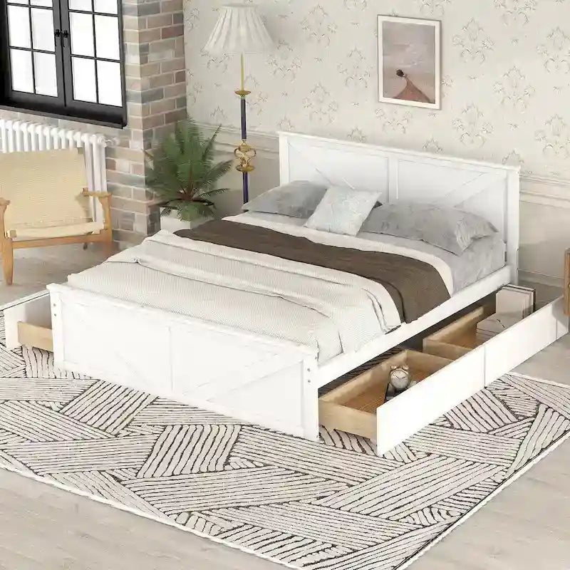 Wooden Platform Bed with Four Storage Drawers and Support Legs
