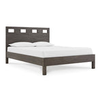 Yee King Bed, Gray Wood, 4 Side Drawers, Cut Out Headboard Design