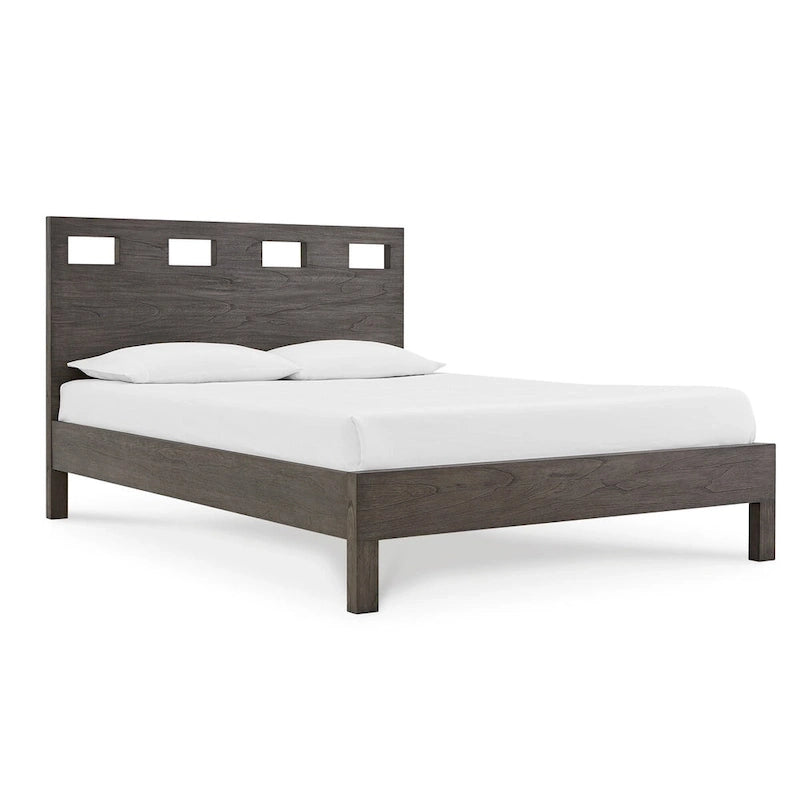 Yee King Bed, Gray Wood, 4 Side Drawers, Cut Out Headboard Design