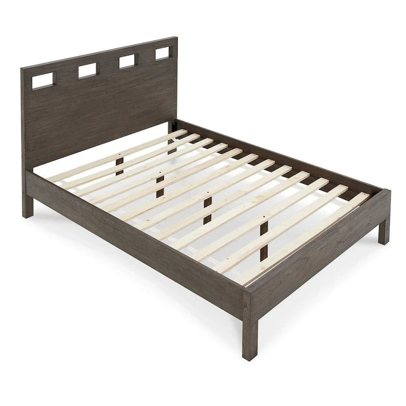 Yee King Bed, Gray Wood, 4 Side Drawers, Cut Out Headboard Design