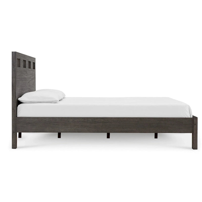 Yee King Bed, Gray Wood, 4 Side Drawers, Cut Out Headboard Design