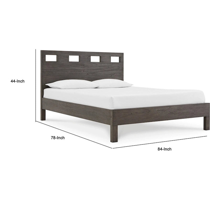 Yee King Bed, Gray Wood, 4 Side Drawers, Cut Out Headboard Design