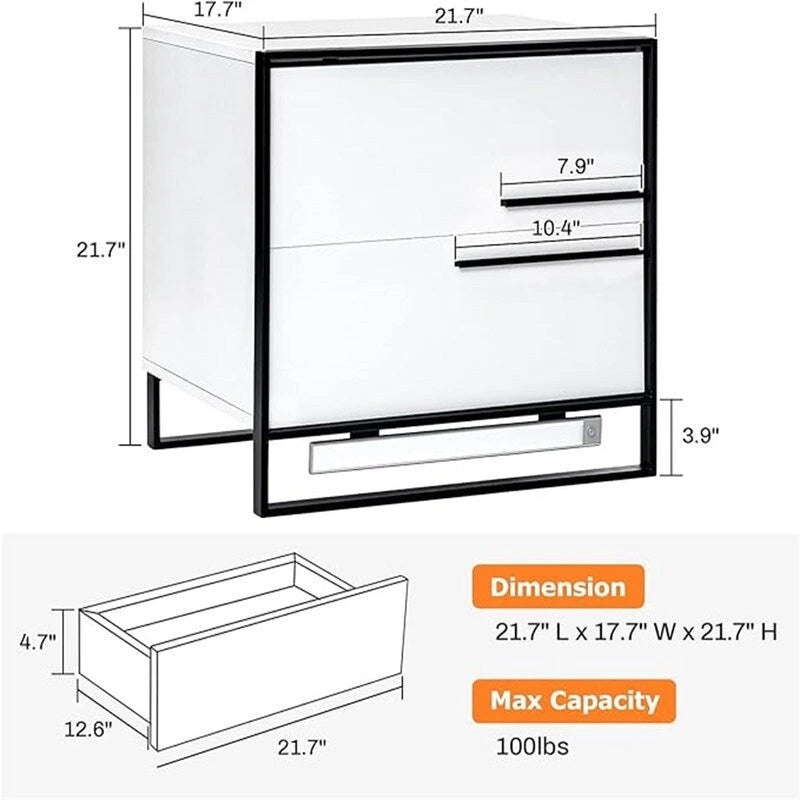LED Nightstand with 2 High Gloss Drawers