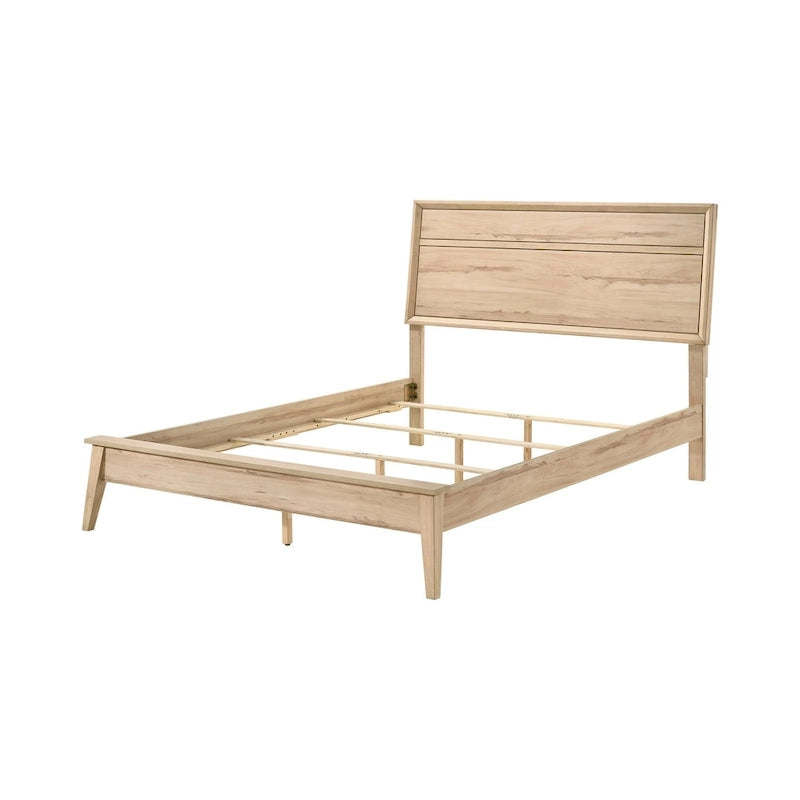 Kali Queen Bed, Panel Design, Melamine Laminate Natural Oak Brown Wood