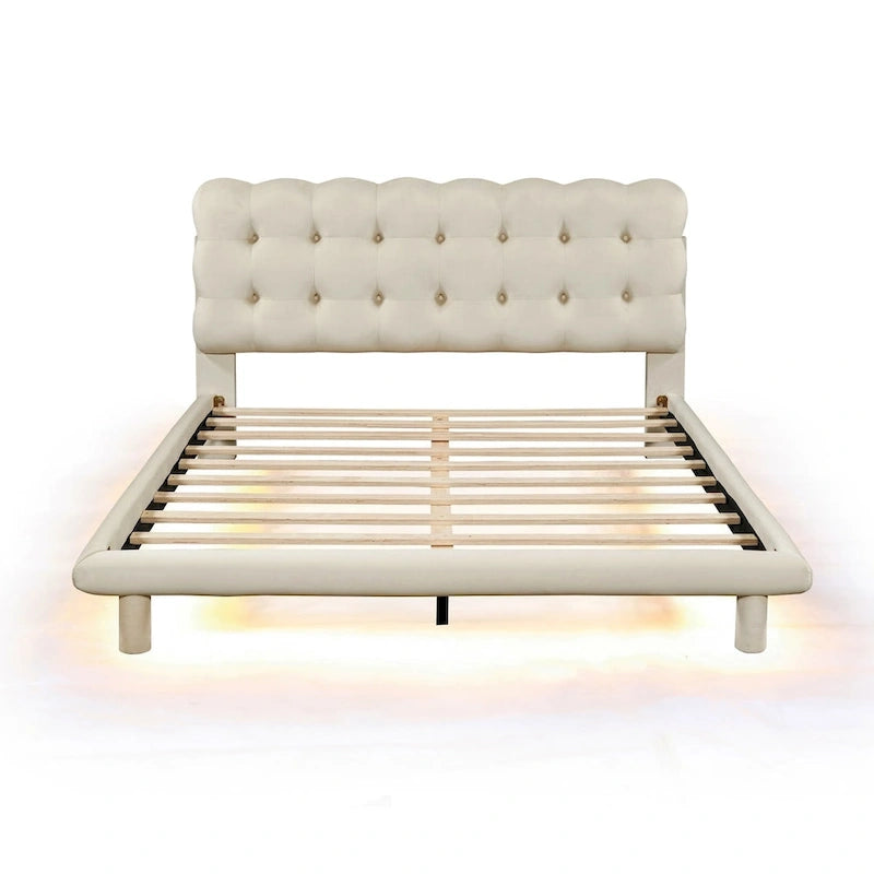 Queen Size Velvet Platform Bed with LED Frame, Thick & Soft Fabric and Button-tufted Design Headboard
