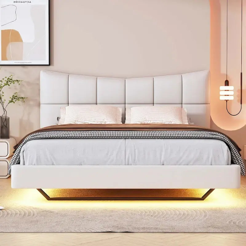 Full Size Upholstered Platform Bed with LED Lights and USB Ports