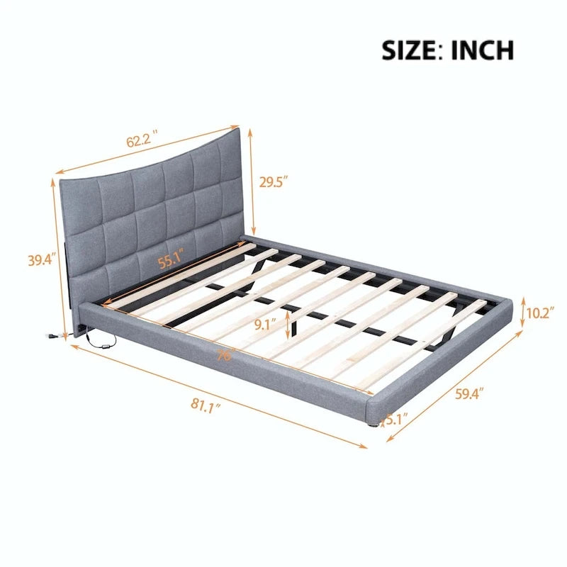 Full Size Upholstered Platform Bed with LED Lights and USB Ports