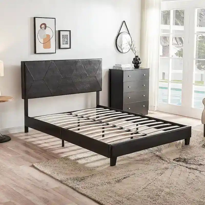 Queen Size Upholstered Platform Bed Frame ,Wood Slat Support, Easy Assembly,Black,PU