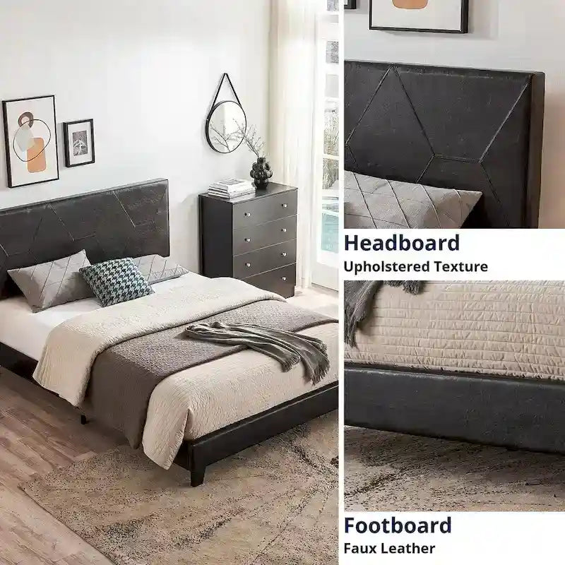 Queen Size Upholstered Platform Bed Frame ,Wood Slat Support, Easy Assembly,Black,PU