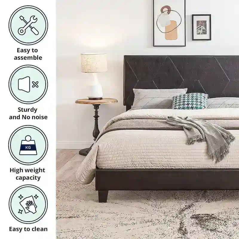 Queen Size Upholstered Platform Bed Frame ,Wood Slat Support, Easy Assembly,Black,PU