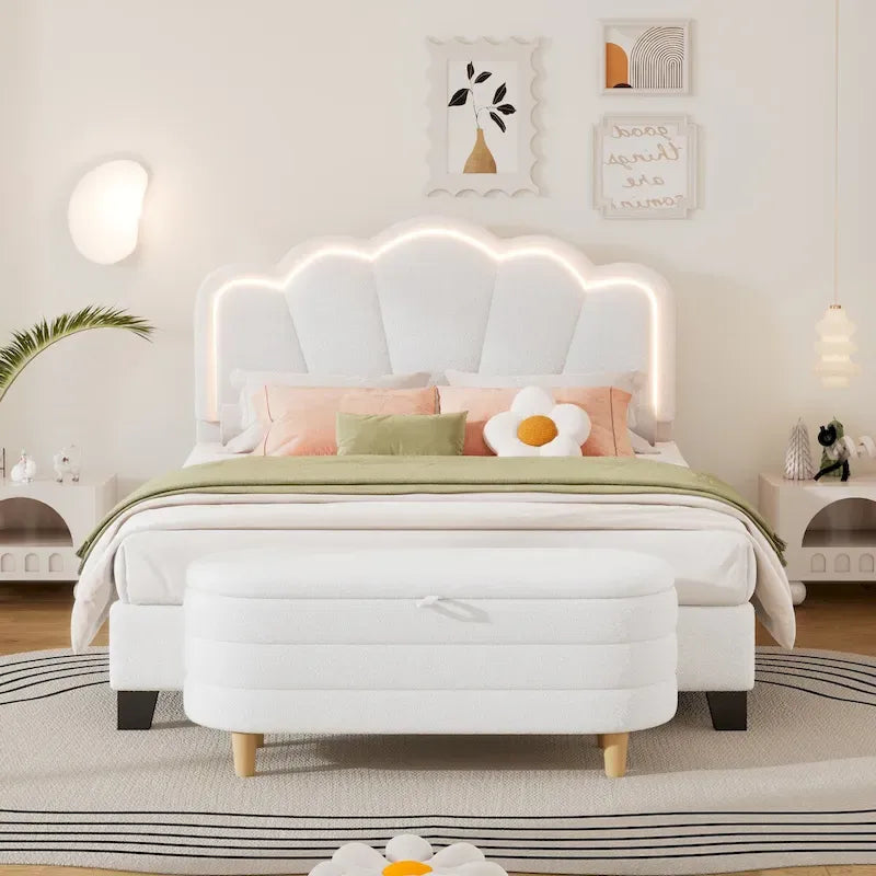 2-Pieces Bedroom Sets Full/Twin Size Flower-Shaped Upholstered LED Platform Bed with Storage Ottoman-Sherpa Fabric