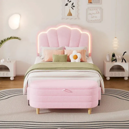 2-Pieces Bedroom Sets Full/Twin Size Flower-Shaped Upholstered LED Platform Bed with Storage Ottoman-Sherpa Fabric