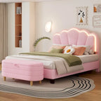 2-Pieces Bedroom Sets Full/Twin Size Flower-Shaped Upholstered LED Platform Bed with Storage Ottoman-Sherpa Fabric