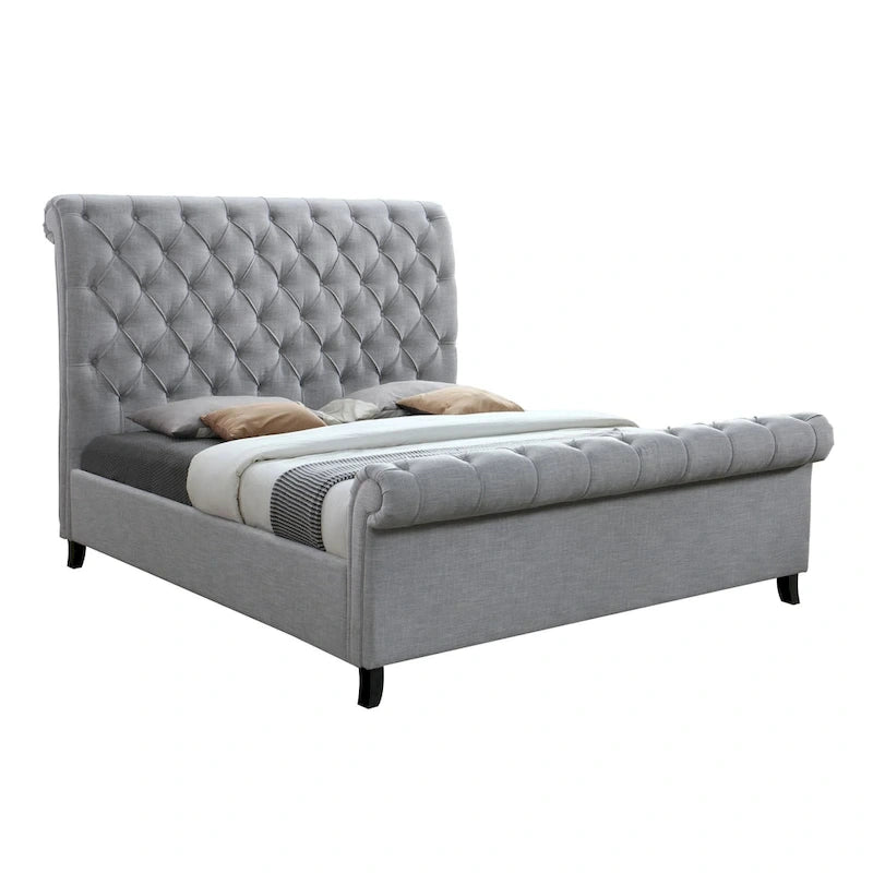 Magnolia Queen Size Bed, Tufted Upholstered Rolled Top Headboard, Gray