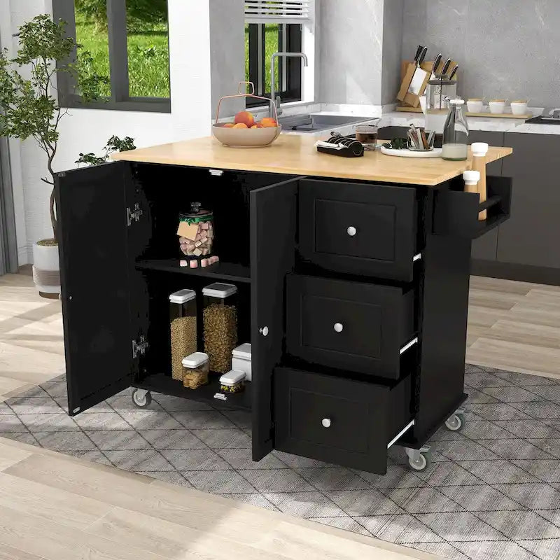 Rolling Mobile Kitchen Island with Drop Leaf - Solid Wood Top, Locking Wheels & Storage Cabinet 52.7 Inch Width