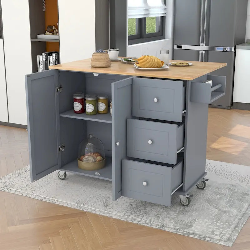 Rolling Mobile Kitchen Island with Drop Leaf - Solid Wood Top, Locking Wheels & Storage Cabinet 52.7 Inch Width