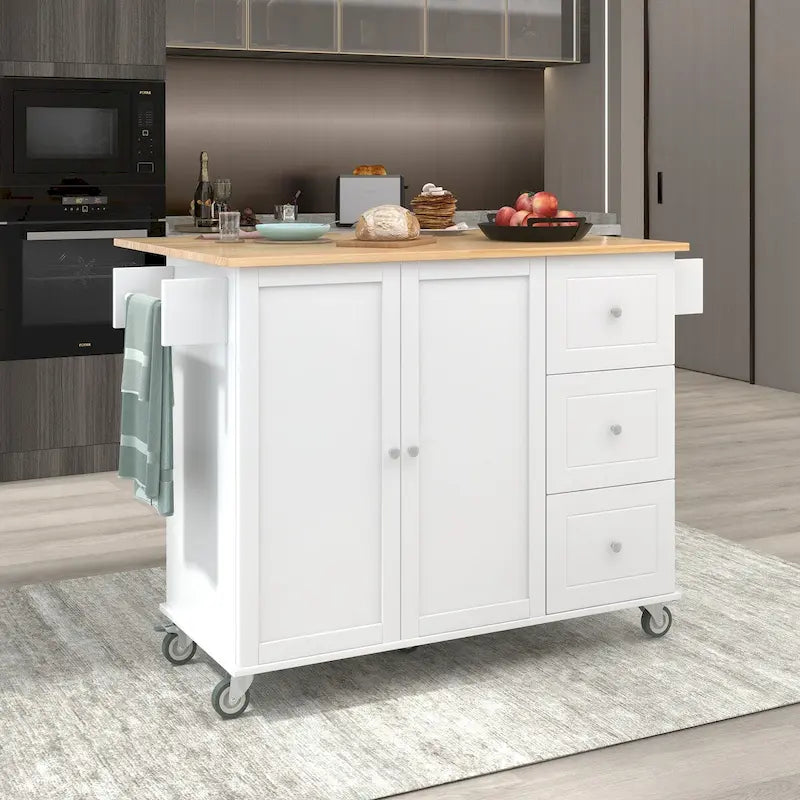 Rolling Mobile Kitchen Island with Drop Leaf - Solid Wood Top, Locking Wheels & Storage Cabinet 52.7 Inch Width