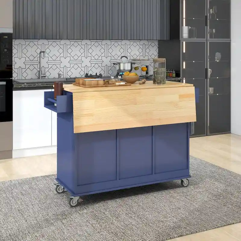 Rolling Mobile Kitchen Island with Drop Leaf - Solid Wood Top, Locking Wheels & Storage Cabinet 52.7 Inch Width