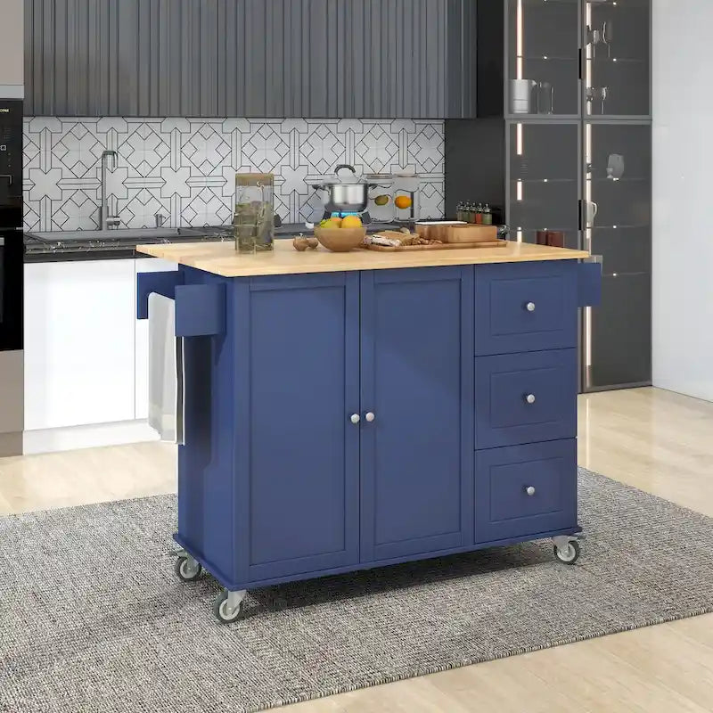 Rolling Mobile Kitchen Island with Drop Leaf - Solid Wood Top, Locking Wheels & Storage Cabinet 52.7 Inch Width