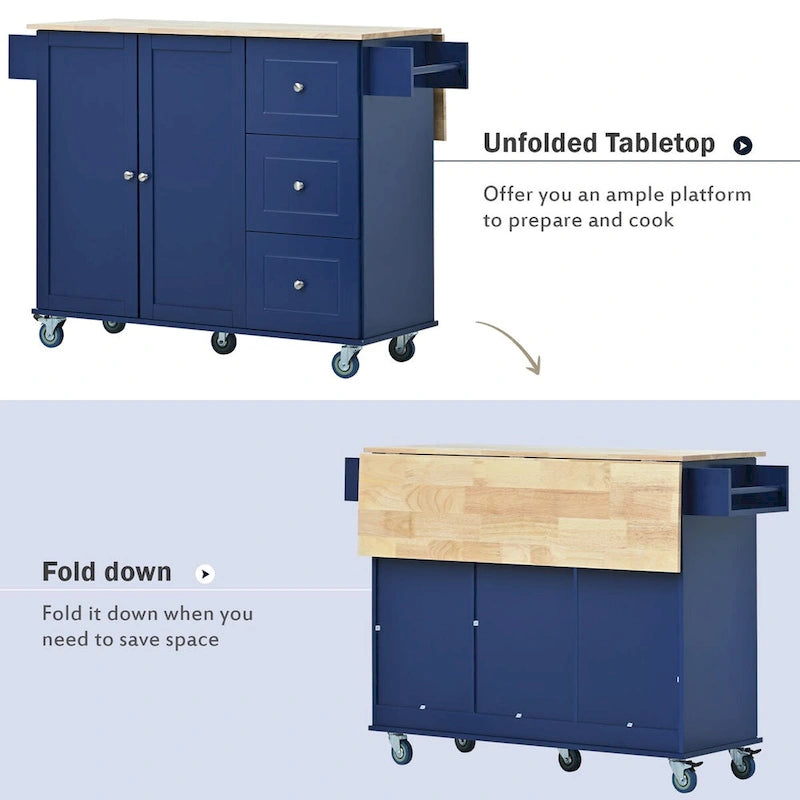 Rolling Mobile Kitchen Island with Drop Leaf - Solid Wood Top, Locking Wheels & Storage Cabinet 52.7 Inch Width